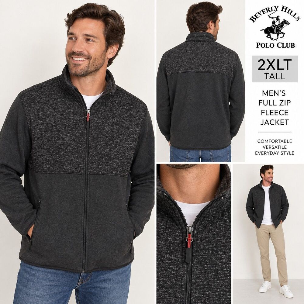 Beverly Hills Polo Club Mens 2XLT Tall Full Zip Fleece Jacket Gray Black